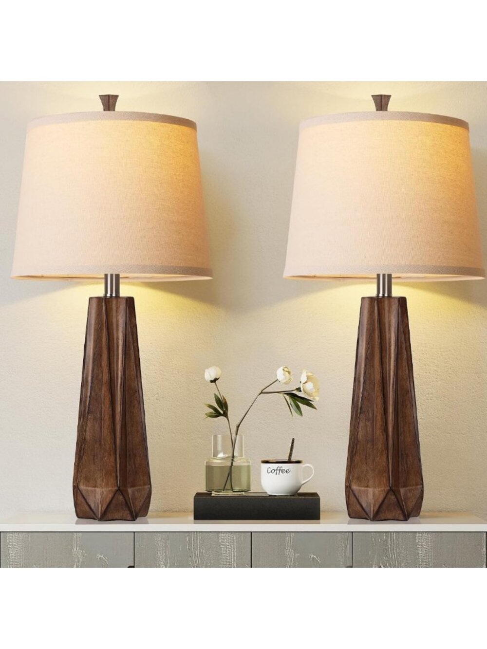 Set of 2 Modern 27" Wood Grain Resin Table Lamps - Stylish Home Decor Lighting